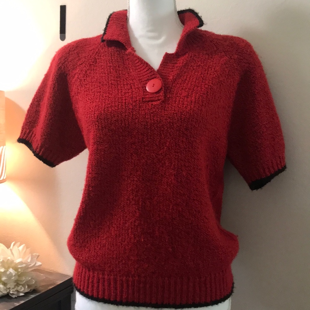 Sweater Style Blouse Shirt Red w/ Black Trim Sz M